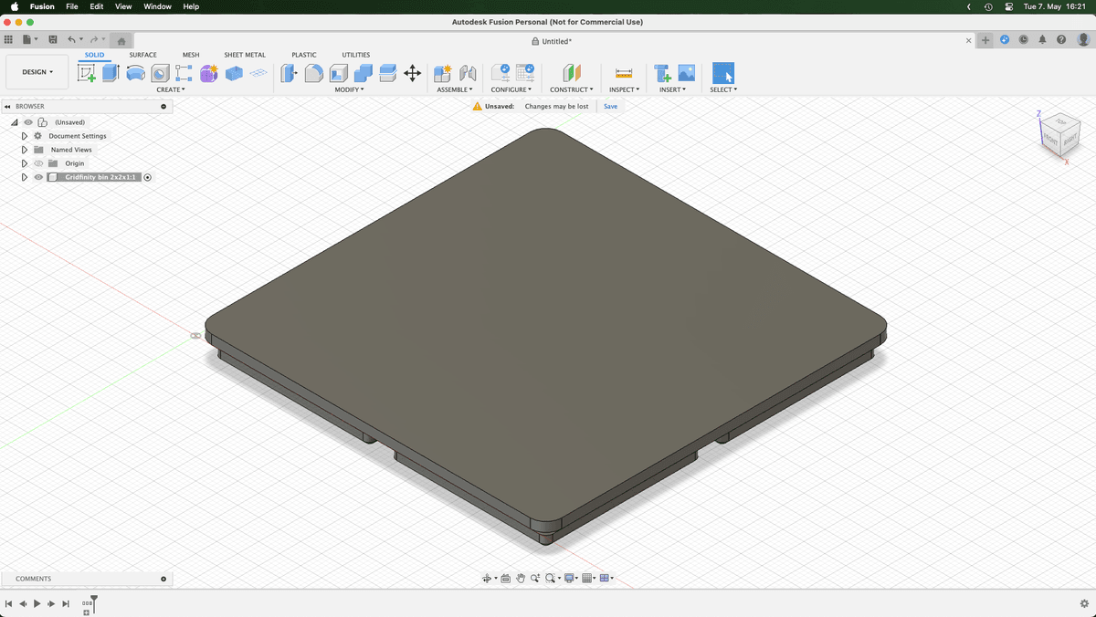 Screenshot of Fusion 360 showing the generated Gridfinity bin