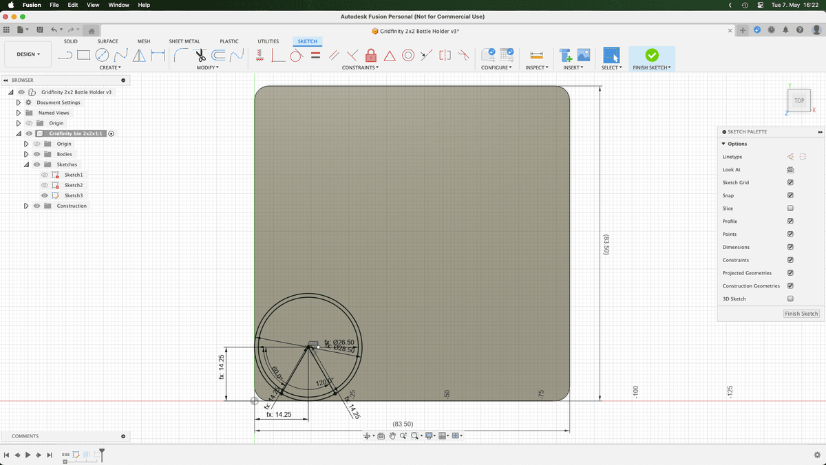 Screenshot of Fusion 360 showing the sketch of a single paint holder